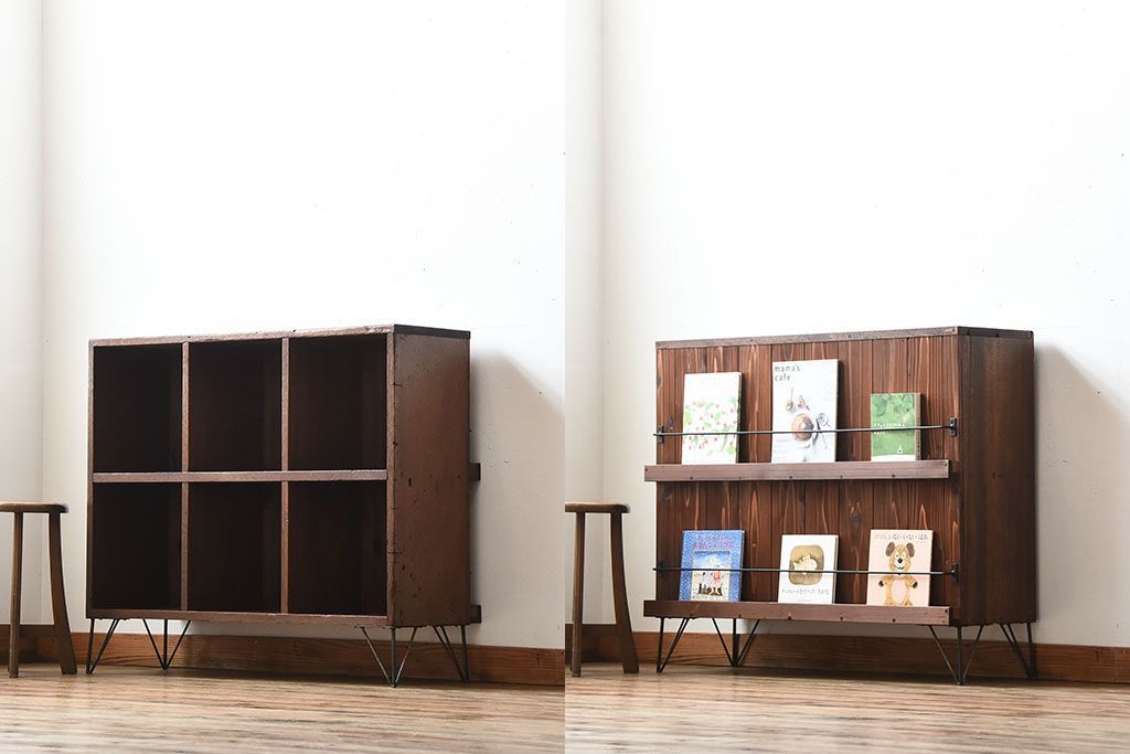 アンティーク家具　アンティーク　古い木の背面ブックラック付き鉄脚本棚(1)