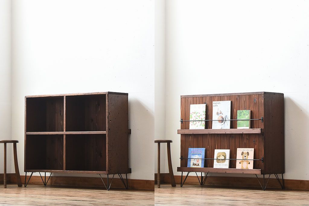 アンティーク家具　アンティーク　古い木の背面ブックラック付き鉄脚本棚(2)