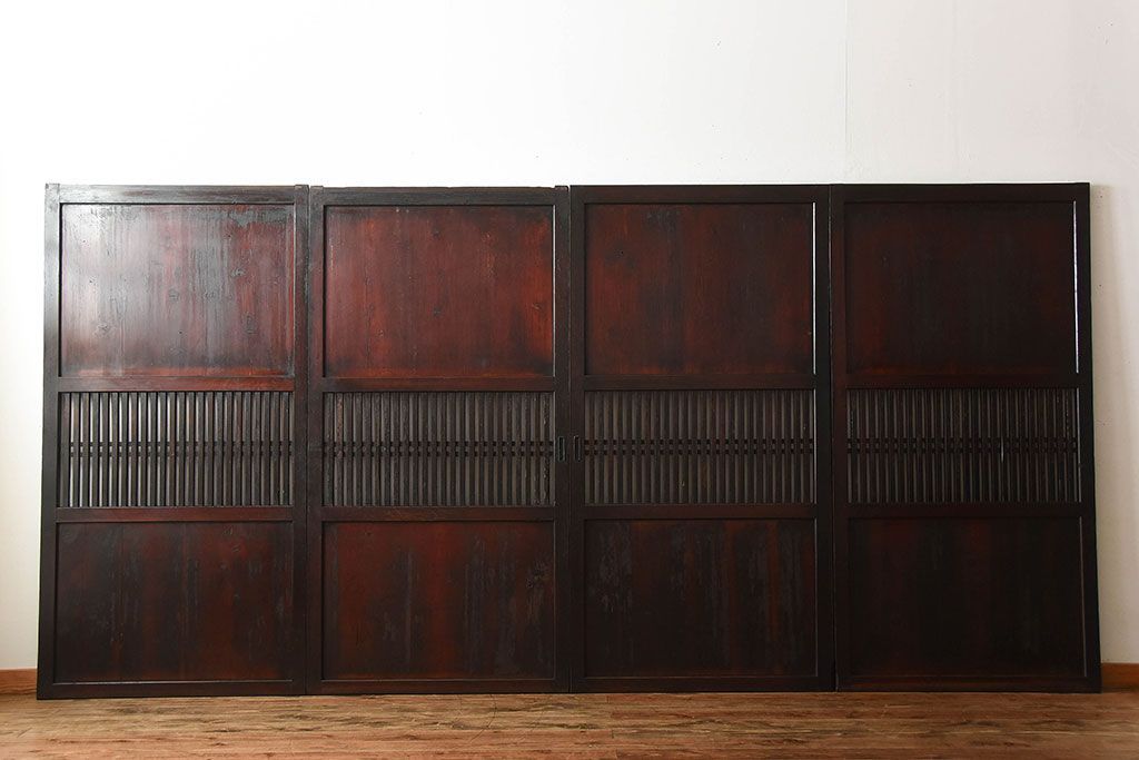 古民具・骨董　古い木が味わい深いアンティーク格子帯戸4枚セット