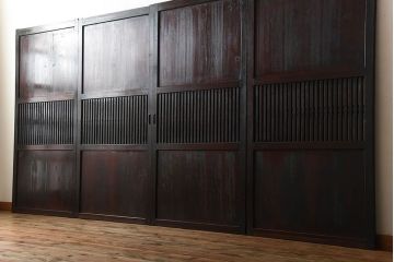 古民具・骨董　古い木が味わい深いアンティーク格子帯戸4枚セット