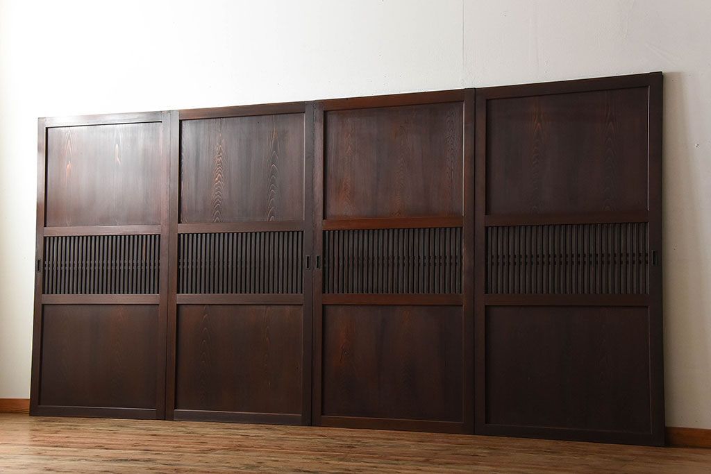 古民具・骨董　深い色味が風味溢れるアンティーク格子帯戸4枚セット(2)