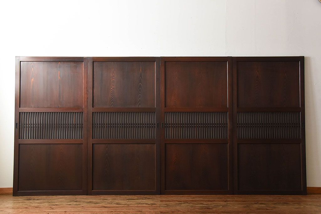 古民具・骨董　深い色味が風味溢れるアンティーク格子帯戸4枚セット(2)