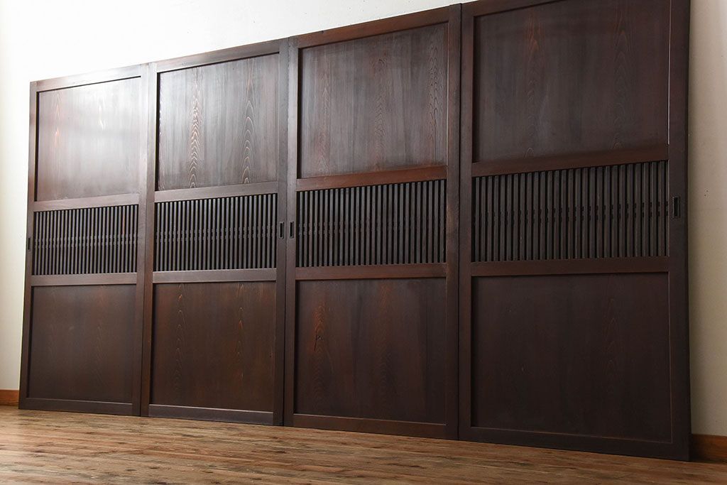 古民具・骨董　深い色味が風味溢れるアンティーク格子帯戸4枚セット(2)