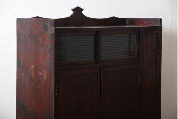 アンティーク家具　和製アンティーク　モールガラス入り!古い木製の大ぶりな収納棚