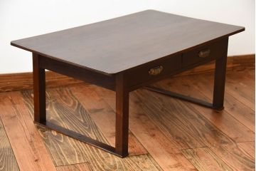 アンティーク家具　和製アンティーク　引き出し2杯付き!古い木製の小さな平机(文机)