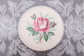 アンティーク雑貨　イギリスアンティーク　バラの刺繍のガラストレー