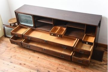 アンティーク家具　和製アンティーク　前面欅材!古い木製の脚付き時代箪笥ローボード