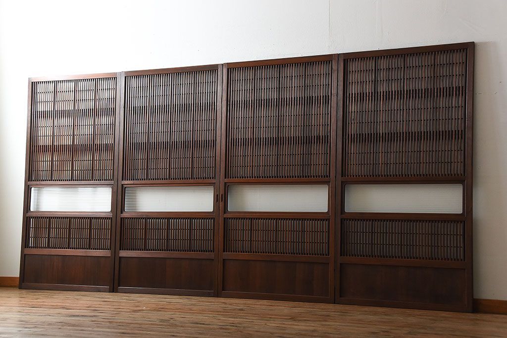 アンティーク　モールガラス入り!古い木の格子戸4枚セット