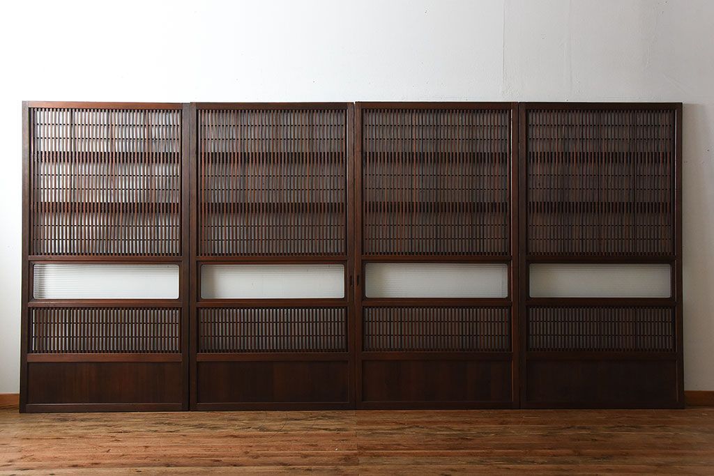 アンティーク　モールガラス入り!古い木の格子戸4枚セット