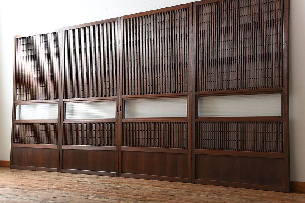 アンティーク　モールガラス入り!古い木の格子戸4枚セット