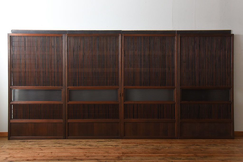 アンティーク　モールガラス入り!古い木の格子戸4枚セット