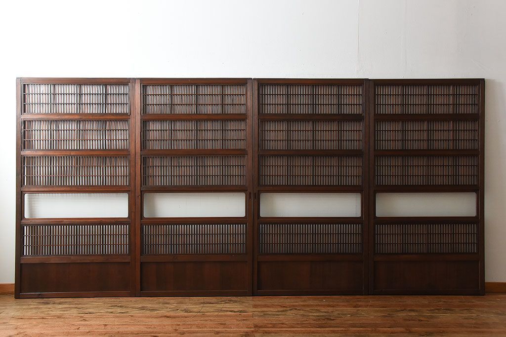 アンティーク　モールガラス入り!古い木の格子戸4枚セット