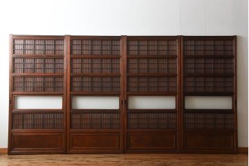 古民具・骨董　モールガラス入り!腰板欅材の裏障子付きアンティーク格子戸4枚セット