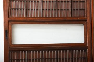 古民具・骨董　モールガラス入り!腰板欅材の裏障子付きアンティーク格子戸4枚セット