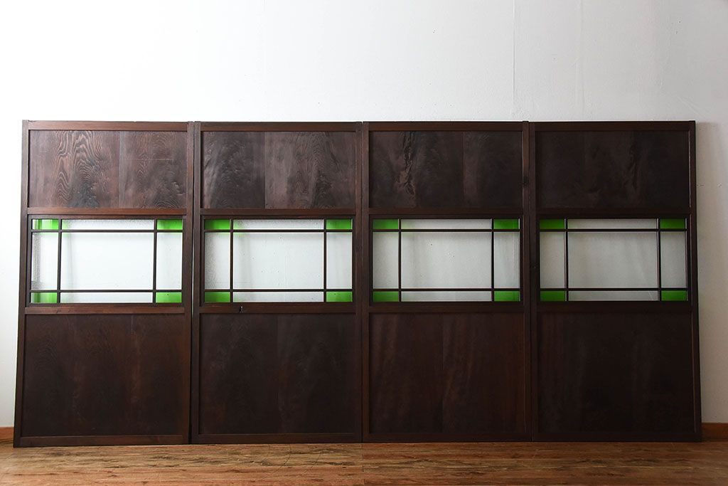 古民具・骨董　色ガラス入り!モダンなガラス帯戸4枚セット