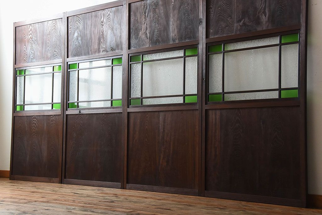 古民具・骨董　色ガラス入り!モダンなガラス帯戸4枚セット