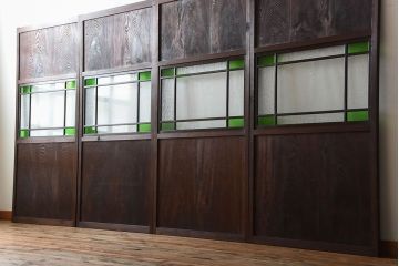 古民具・骨董　色ガラス入り!モダンなガラス帯戸4枚セット