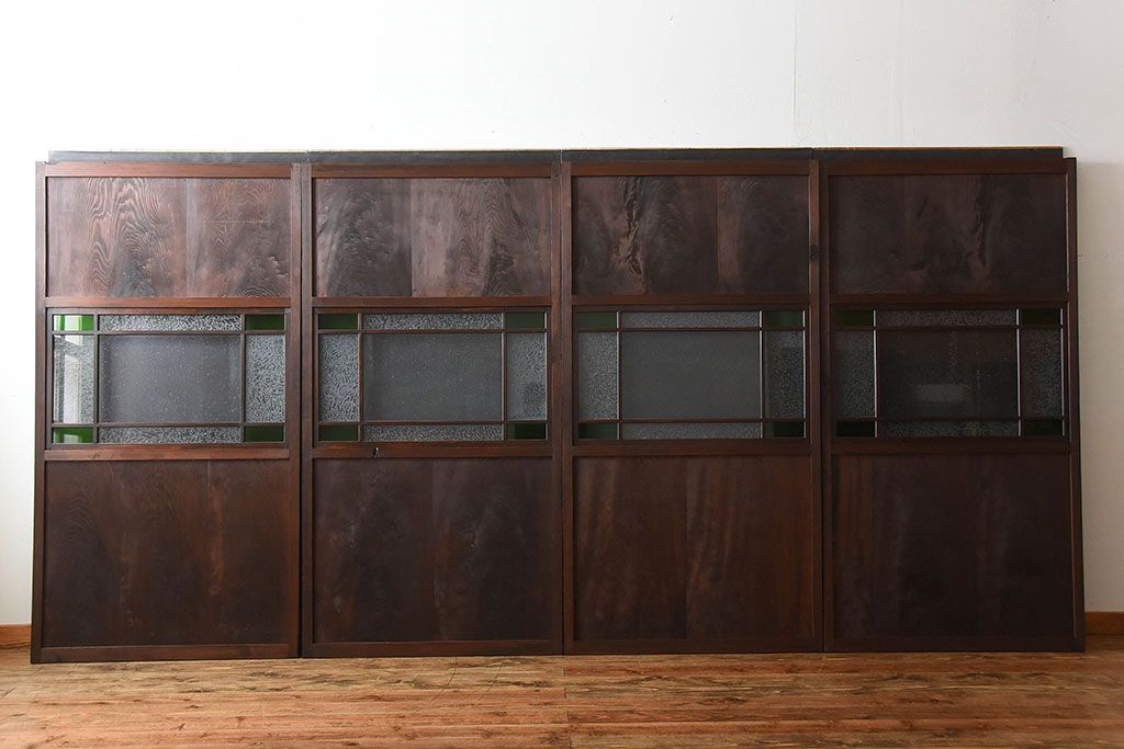 古民具・骨董　色ガラス入り!モダンなガラス帯戸4枚セット