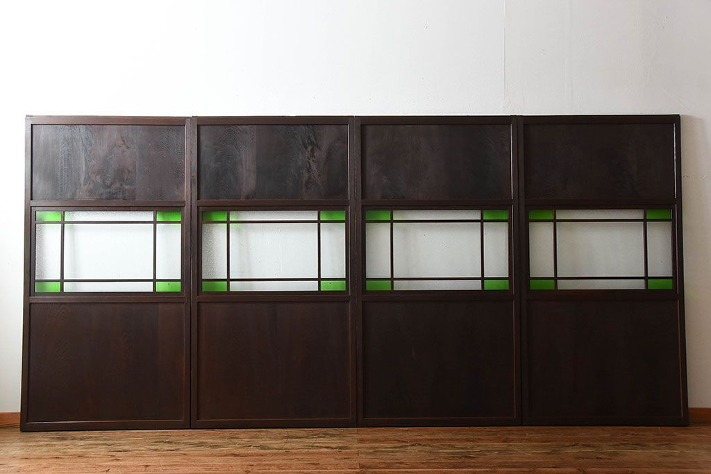 古民具・骨董　色ガラス入り!モダンなガラス帯戸4枚セット