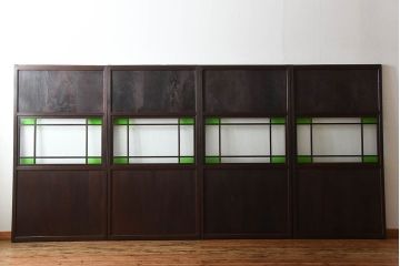 古民具・骨董　色ガラス入り!モダンなガラス帯戸4枚セット