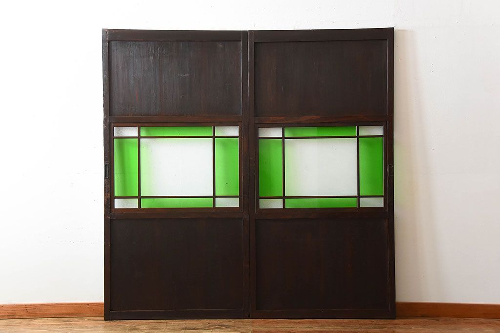古民具・骨董　色ガラス入り!モダンなガラス帯戸2枚セット