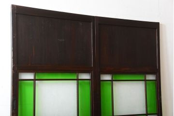 古民具・骨董　色ガラス入り!モダンなガラス帯戸2枚セット