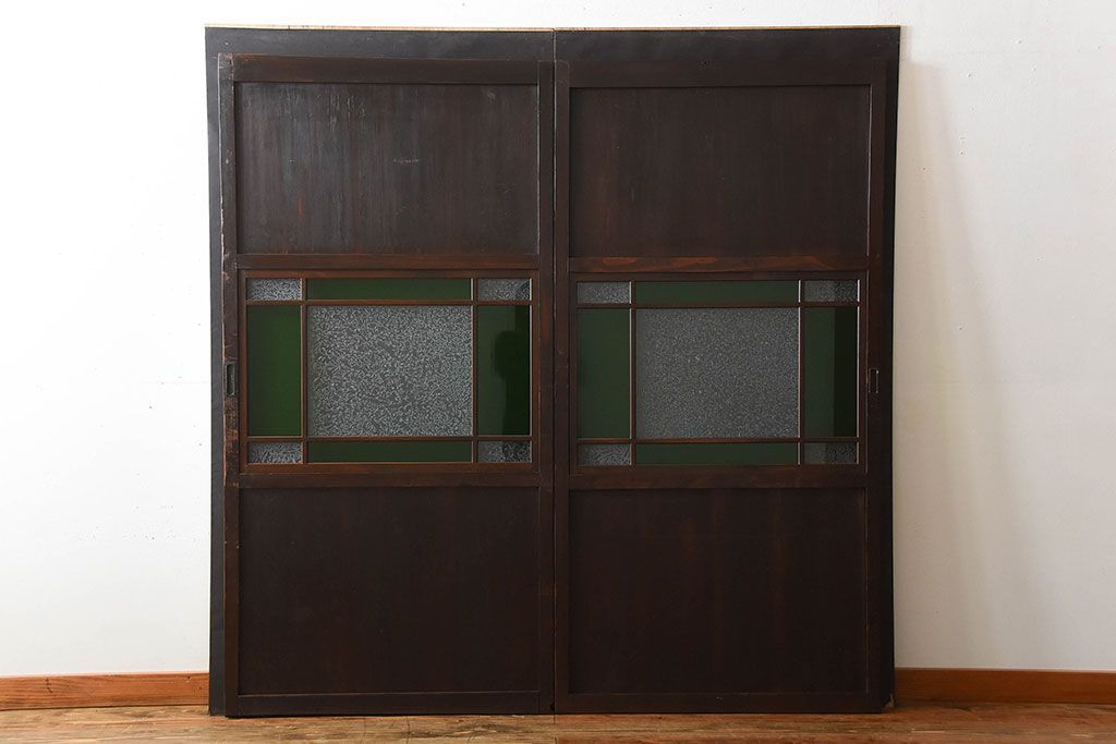 古民具・骨董　色ガラス入り!モダンなガラス帯戸2枚セット