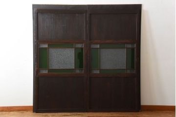 古民具・骨董　色ガラス入り!モダンなガラス帯戸2枚セット