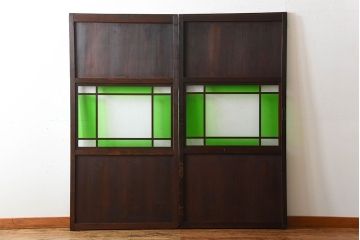 古民具・骨董　色ガラス入り!モダンなガラス帯戸2枚セット