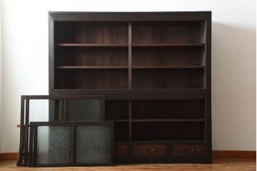 アンティーク家具　和製アンティーク　古い檜材の結霜ガラス入り大きな重ね収納戸棚