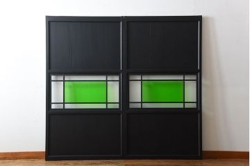 和製アンティーク　色ガラス入り!モダンなペイントガラス帯戸2枚セット