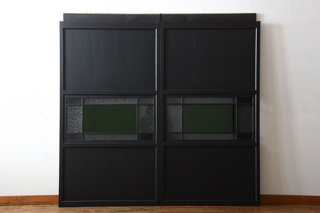 和製アンティーク　色ガラス入り!モダンなペイントガラス帯戸2枚セット