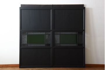 和製アンティーク　色ガラス入り!モダンなペイントガラス帯戸2枚セット