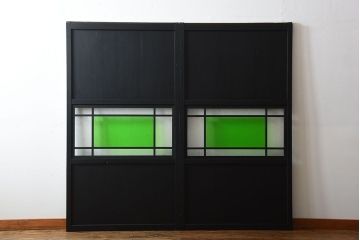 和製アンティーク　色ガラス入り!モダンなペイントガラス帯戸2枚セット