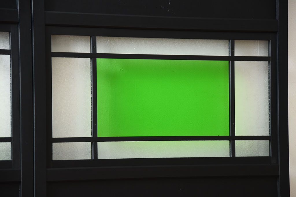 和製アンティーク　色ガラス入り!モダンなペイントガラス帯戸2枚セット