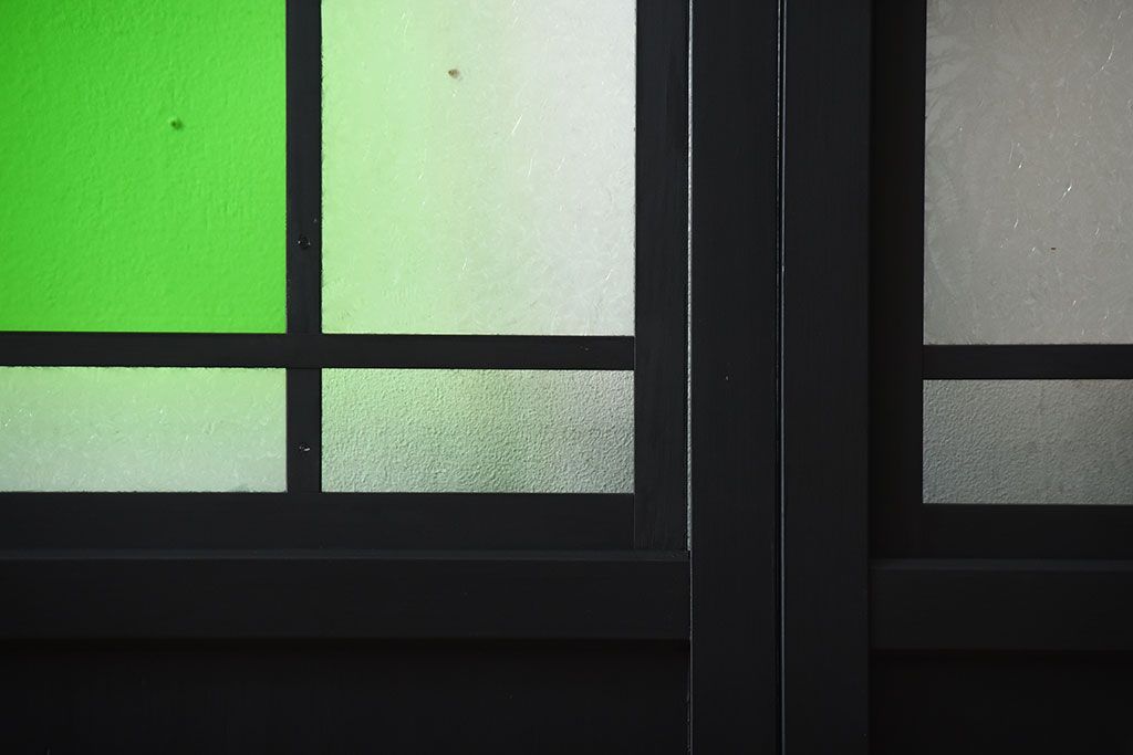 和製アンティーク　色ガラス入り!モダンなペイントガラス帯戸2枚セット