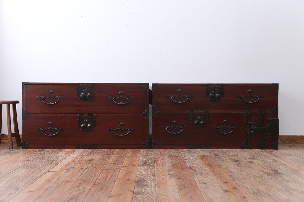 アンティーク家具　古民具・骨董　前面桐材!金具が美しい二本松箪笥(桐箪笥、桐たんす)