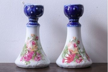 アンティーク雑貨　イギリスアンティーク　優雅なバラのドレッサーセット(キャンドルスタンド・小物入れ・トレー)