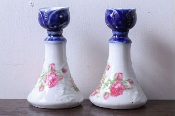 アンティーク雑貨　イギリスアンティーク　優雅なバラのドレッサーセット(キャンドルスタンド・小物入れ・トレー)