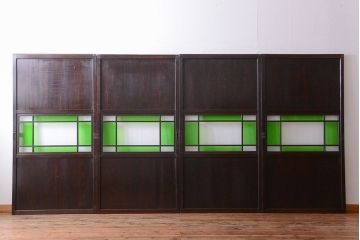 アンティーク　色ガラス入り!モダンなガラス帯戸4枚セット