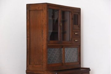 レトロ家具　昭和レトロ　作業台付き!古いナラ材のアンティークカップボード(食器棚)