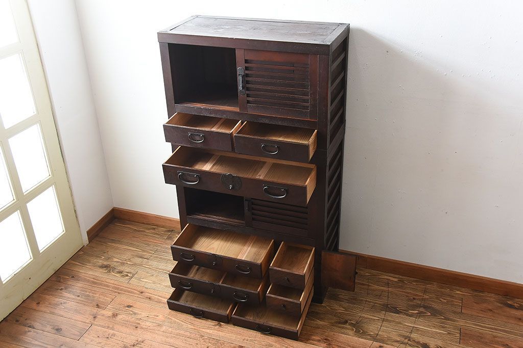 アンティーク家具　古民具・骨董　古い木製のアンティーク美濃帳場箪笥