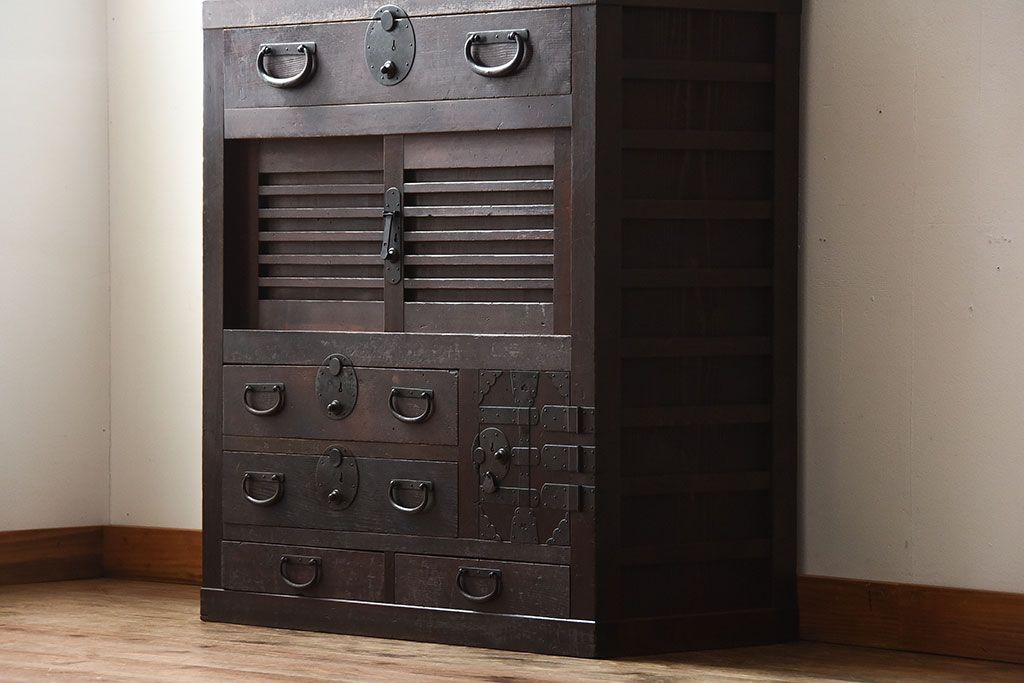 アンティーク家具　古民具・骨董　古い木製のアンティーク美濃帳場箪笥