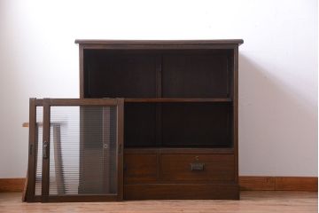 アンティーク家具　和製アンティーク　引き出し付き!モールガラス引き戸のカウンター収納棚