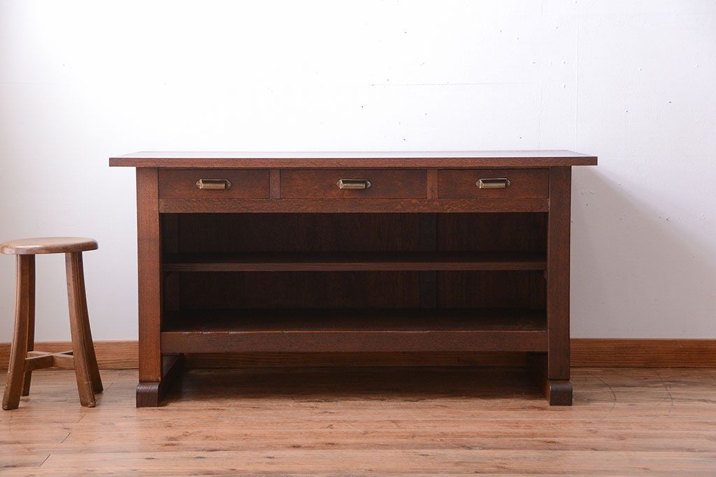 アンティーク家具　和製アンティーク　骨太で重厚な古い木製の作業台(カウンターテーブル)(1)