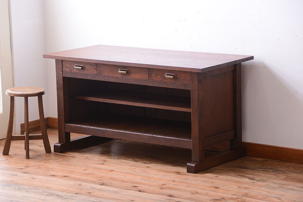 アンティーク家具　和製アンティーク　骨太で重厚な古い木製の作業台(カウンターテーブル)(2)