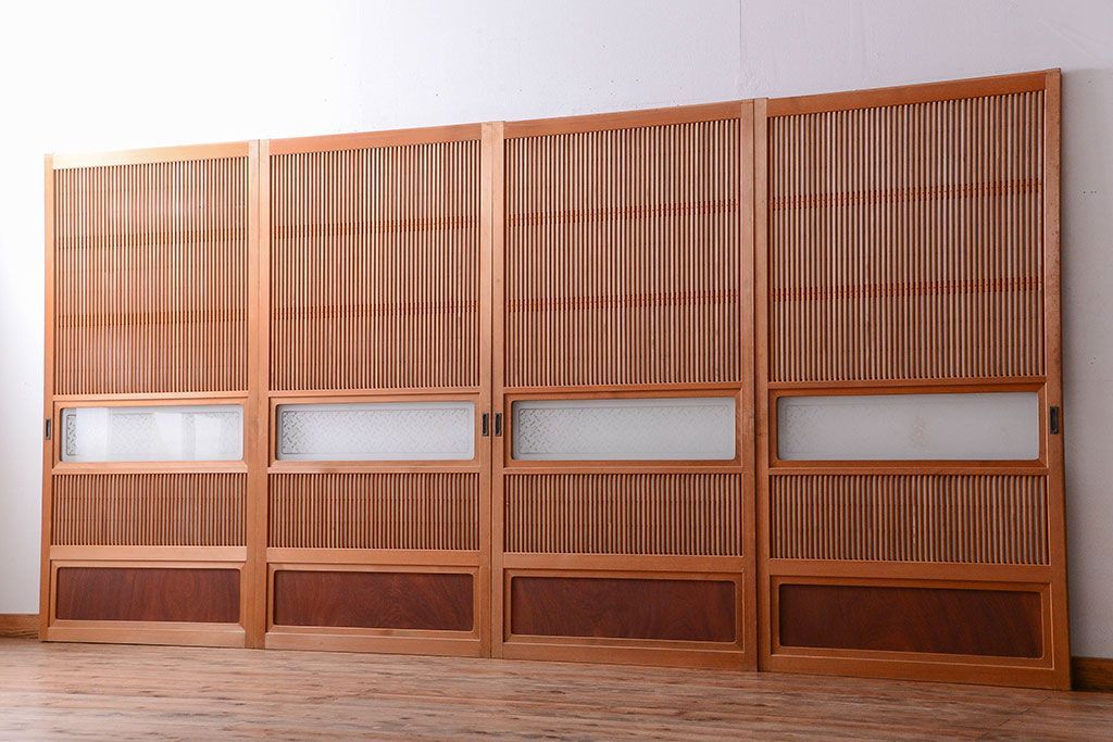 古民具・骨董　ガラス入り!障子付き木味格子戸4枚セット