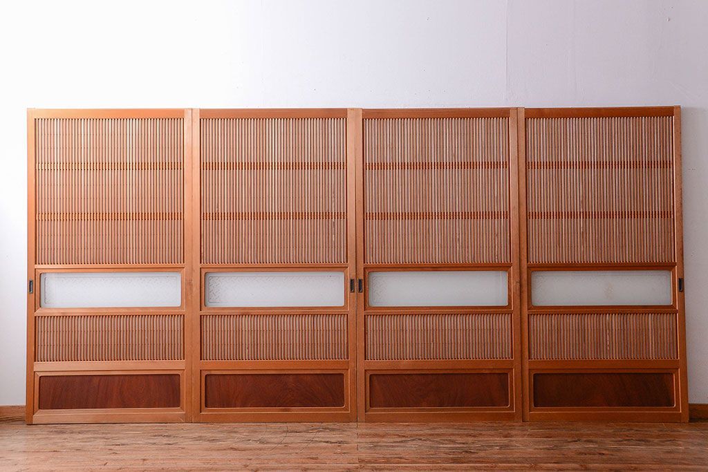 古民具・骨董　ガラス入り!障子付き木味格子戸4枚セット