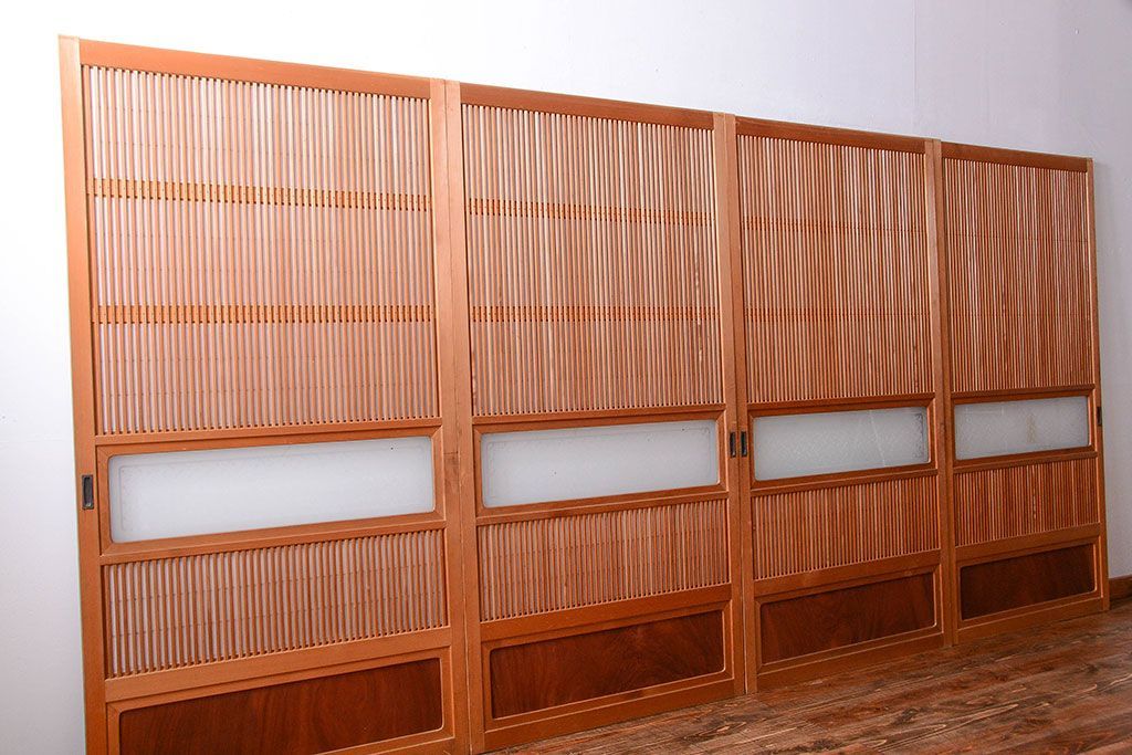 古民具・骨董　ガラス入り!障子付き木味格子戸4枚セット