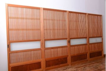 古民具・骨董　ガラス入り!障子付き木味格子戸4枚セット